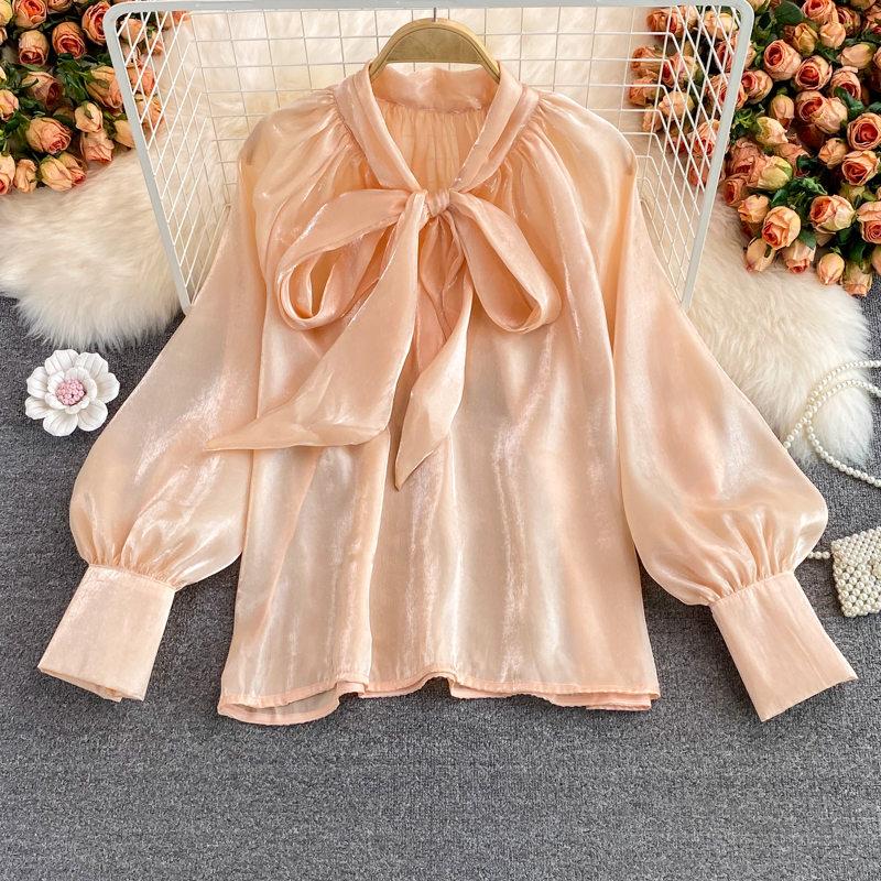 

2022 Spring Fashion design women's cute lacing bow collar lantern long sleeve satin fabric loose blouse shirt tops, Orange