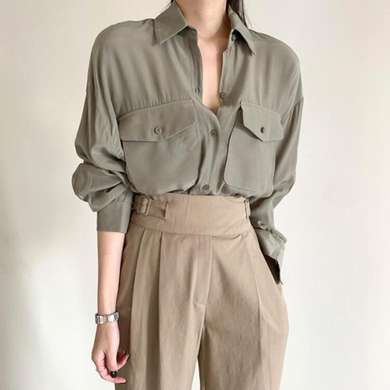 

Women's Blouses & Shirts OL Elegant Minimalist Chic Lapel Solid Basic Shirt Women Formal Work Wear Loose Tops Femme Blusas, Photo color