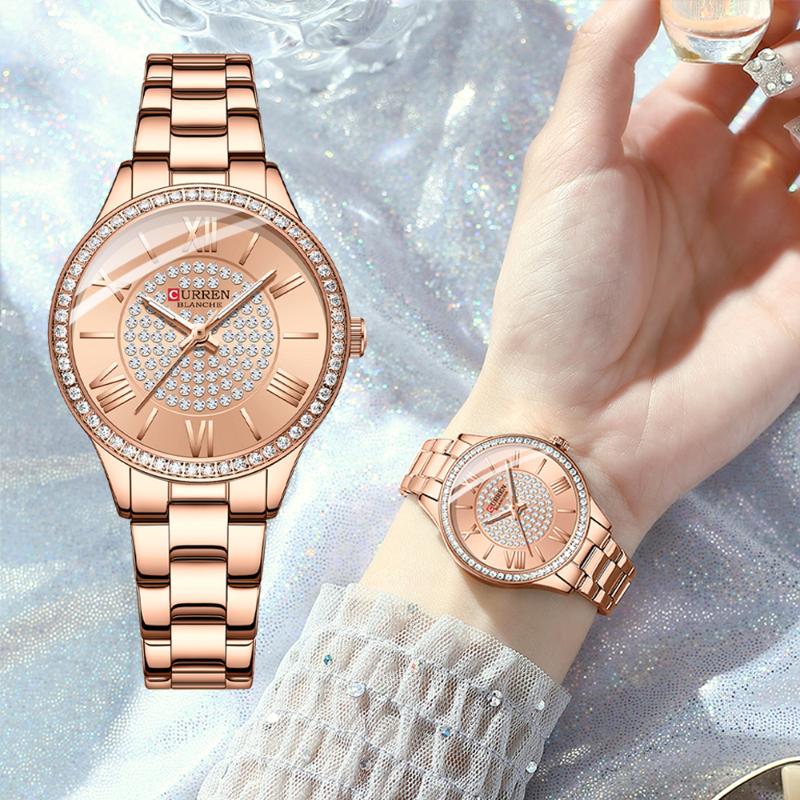 

Wristwatches Women's Luxury Rhinestones Rose Dial Stainless Steel Quartz Waterproof Ladies Watch Relogios FemininosWristwatches, Gold