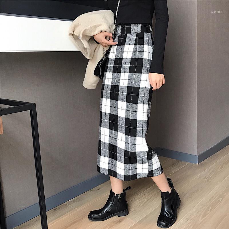 

Skirts Korean Plaid Casual High Waist Split Bag Hip A Skirt Women, Black