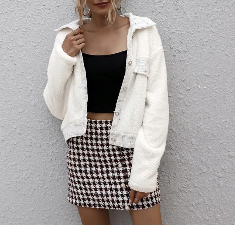 

Women' Jackets 2022 Autumn Winter Fashionable Pockets Retro Lady Coat Vintage Wild Warm Checkered Short Tops, White