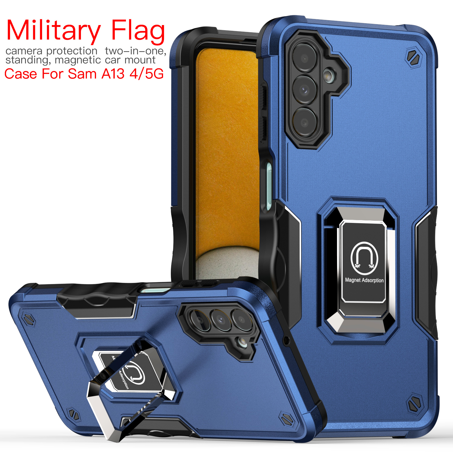 

Kickstand Phone Cases For SAM A02 A21S A73 A53 A33 A13 A03S A32 A22 A02S Shockproof Metal Plate Magnetic Holder Camera Protection, Blue