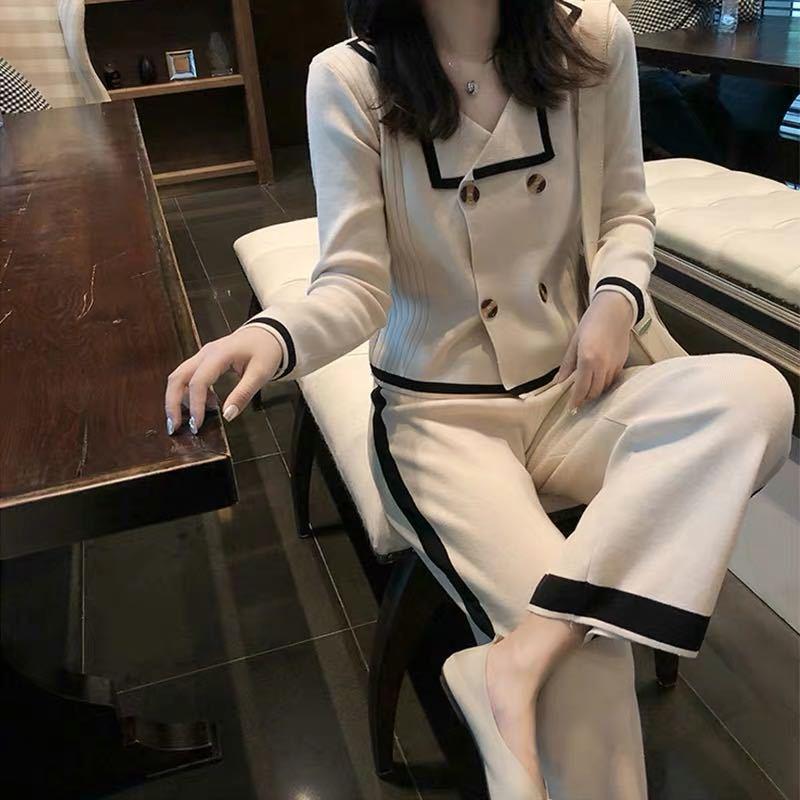 

Women' Two Piece Pants Autumn Woman Knitted Single Button Pullovers And Long Female Slim Solid Basic Jumper Soft Outwear Suits G31Women, Black
