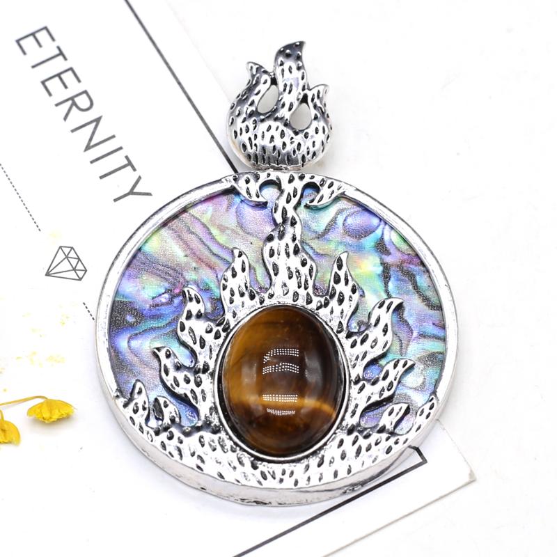 

Pendant Necklaces Natural Abalone Shell Round Flame Tiger Eye Agates Charms Accessories For Jewelry Making DIY Necklace 45x60mmPendant