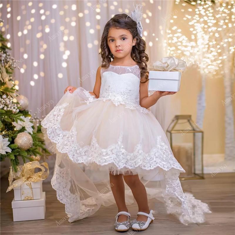 

Girl's Dresses Amaya Champagne High Low Puffy Flower Girl Lace Appliques Bow Belt Holy Communion Birthday Pageant Prom Ball GownGirl's