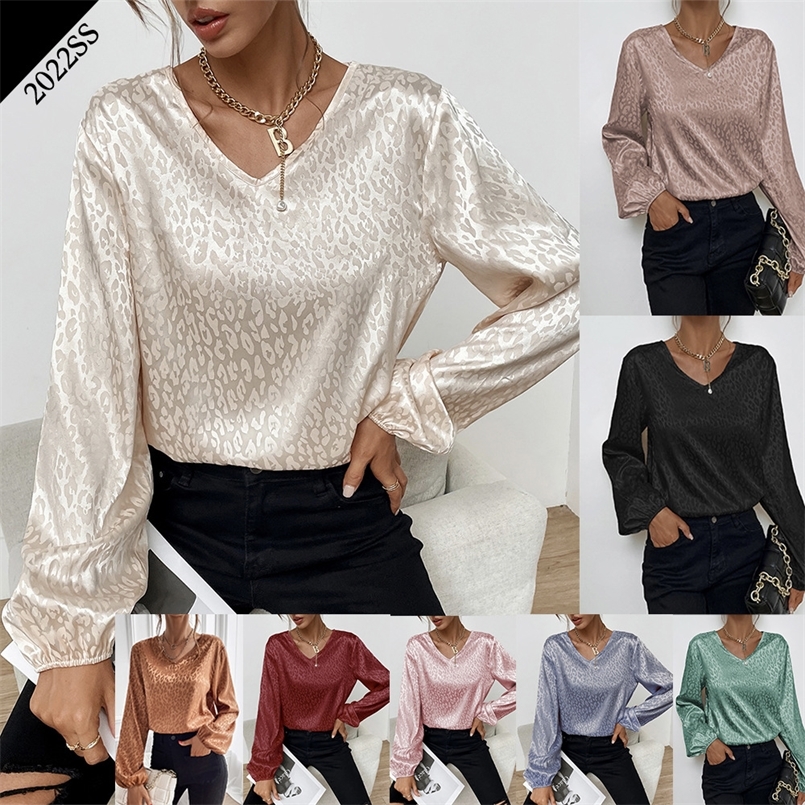 

Office Lady Leopard Printing Chiffon Shirt Spring Autumn V-Neck Long Lantern Sleeve Loose Pullovers Blouse Women's Clothing 220407, Apricot