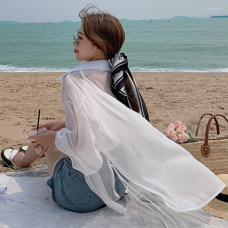 

Women's Blouses & Shirts Korean Summer Blouse Women Long Sleeve See Through Tops And Casual Oversized Loose Blusas MujerWomen's Chee22, Gray