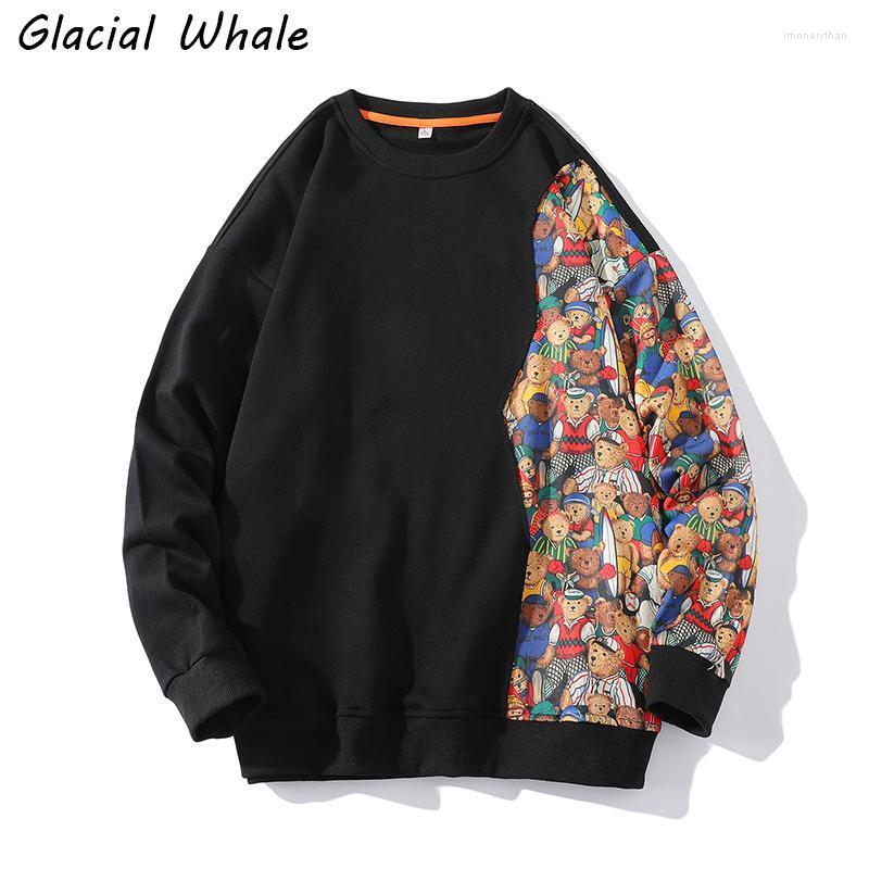 

Men's Hoodies & Sweatshirts GlacialWhale Men Crewneck Sweatshirt 2022 Bear Print Patchwork Oversized Hip Hop Streetwear Khaki Hoodie MenMen', Black