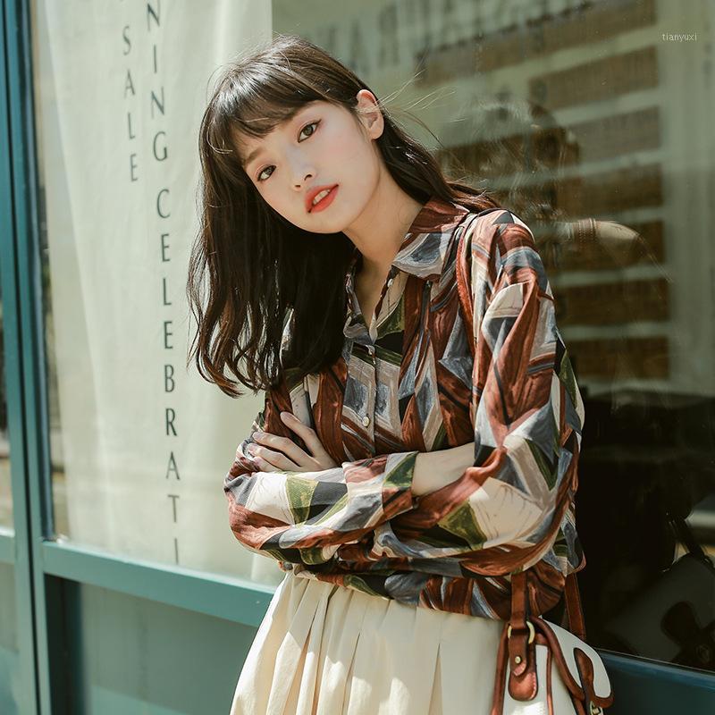 

Women's Blouses & Shirts Vintage Print Shirt Women Spring Loose Chic Design Chiffon Casual Blouse Tops Painting Fashion Ladies Street Wear, Picture color
