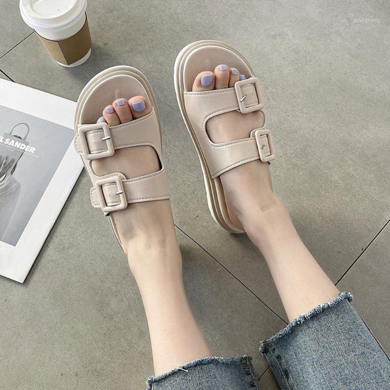 

Slippers 2022 Women Flat Sandals PU Footbed Casual Wedges Slip On Slides Shoes Thick Soft Sole For Girls TC21, Black