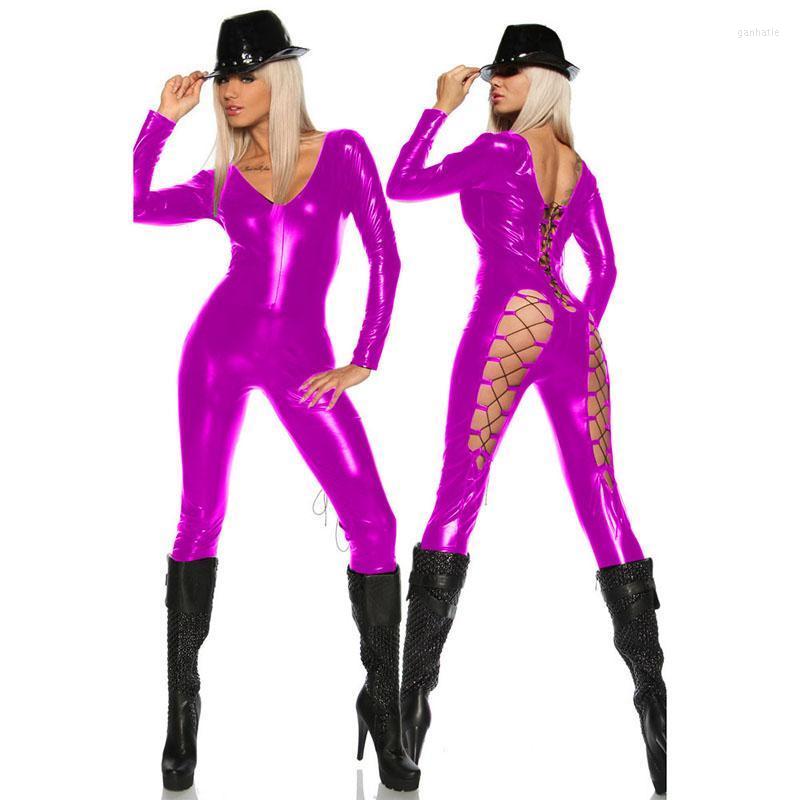 

Women' Jumpsuits & Rompers Colors Sexy Faux Leather Shiny Women Jumpsuit Back Legs Lace Up Bodysuit Deep V-neck Catsuit Dancing Performance, Black