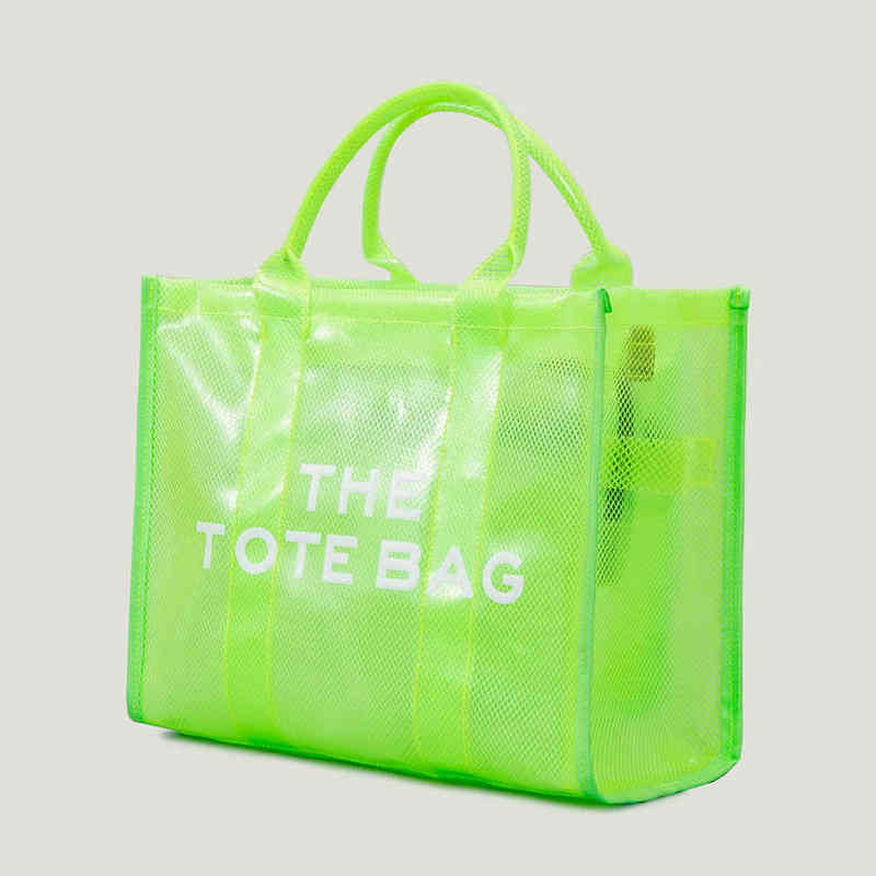 

Mesh Casual Transparent Women Tote Brand Travel Summer Ladies Handbag Designer Netted Fashion Female Shoulder Bags Beach Shopper, Green with logo