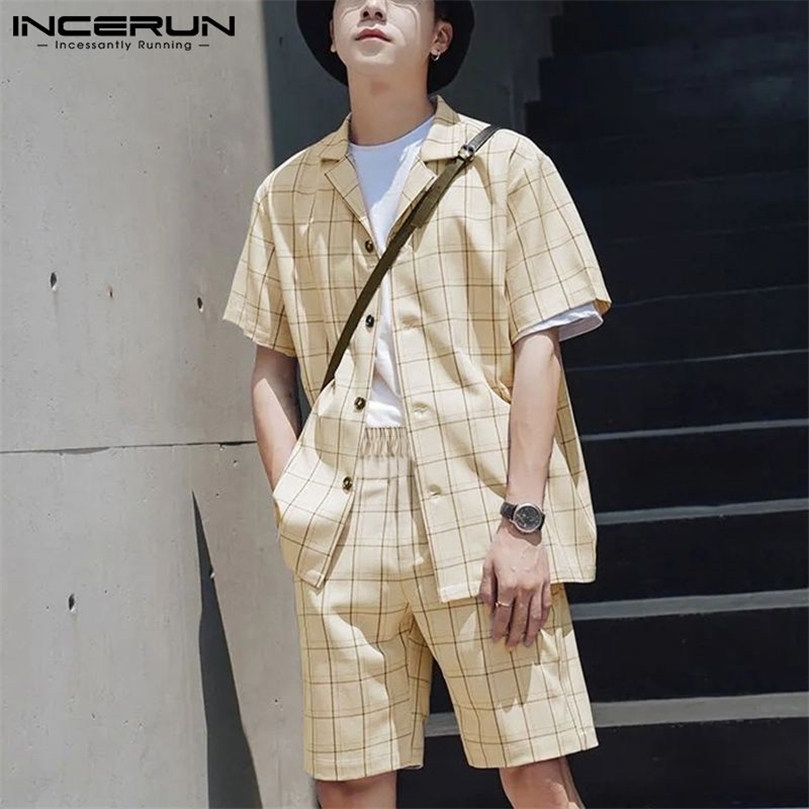 Hommes Plaid Ensembles Respirant Streetwear Revers Chemise À Manches Courtes Taille Élastique Shorts Casual Hommes Costumes 2 Pièces INCERUN 5XL