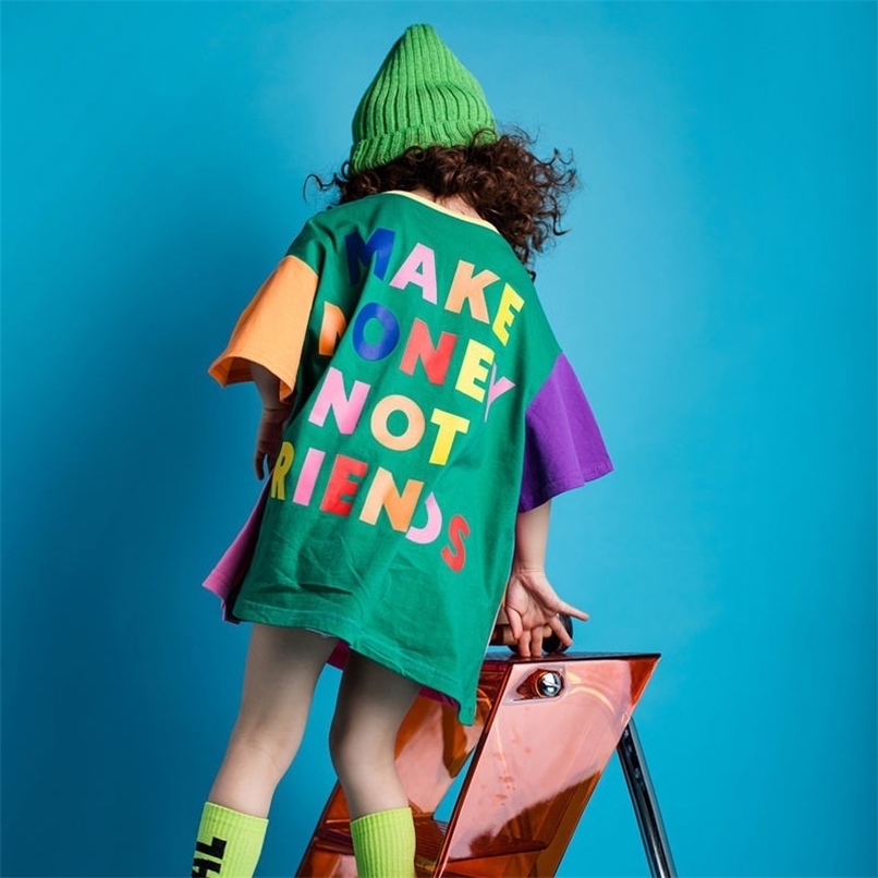 

Girls Mid length T shirt Short sleeved Summer Children s Loose Primary School Clothes Tops 220614, Pink