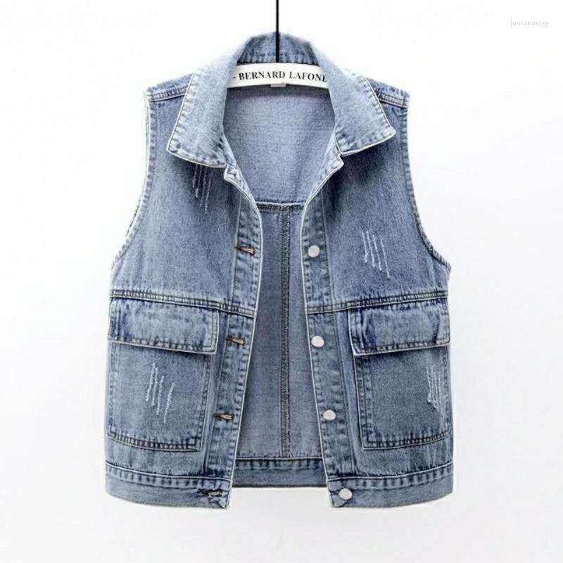 

Women's Vests Women Sleeveless Vest Summer Denim Waistcoat Female Casual Short Jacket Big Pocket Scratch Slim Jeans Coat Plus Size HOWDFEO L, Light blue