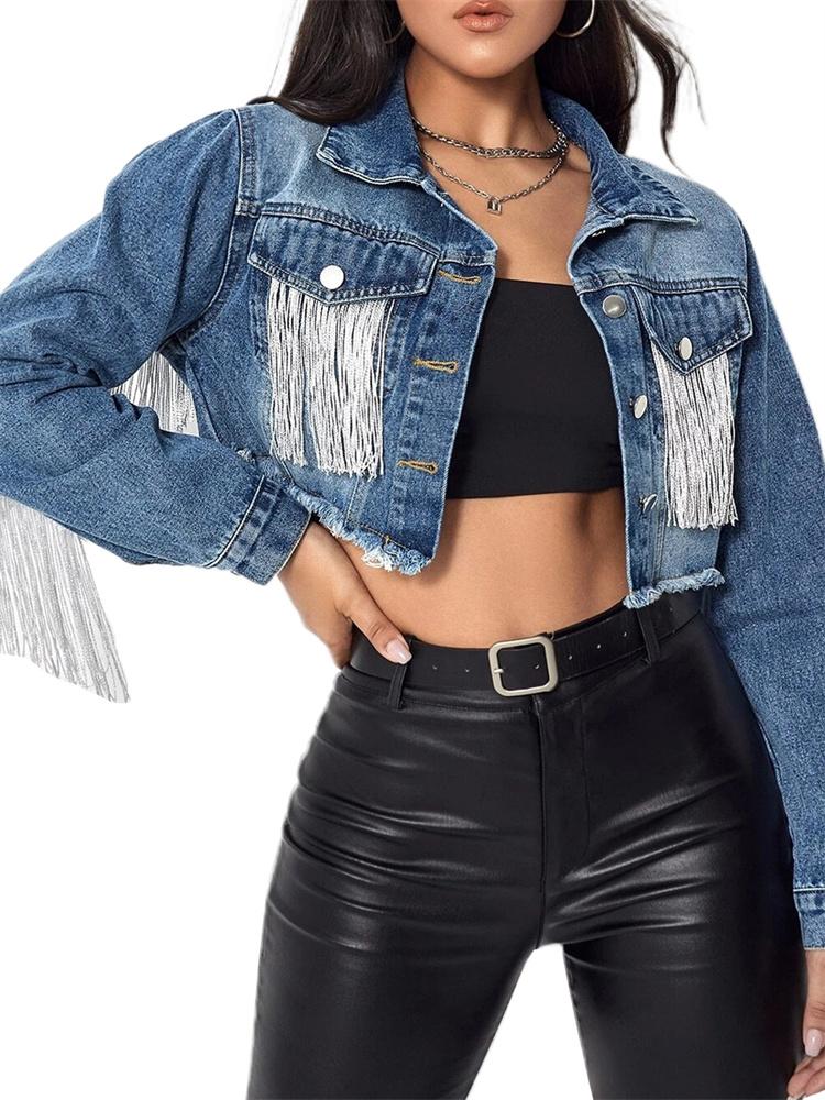 

Women's Jackets Thorn Tree Fashion Women Short Coats Denim Long Sleeve Tassels Patchwork Button Casual Streetwear Outerwear 2022Women's