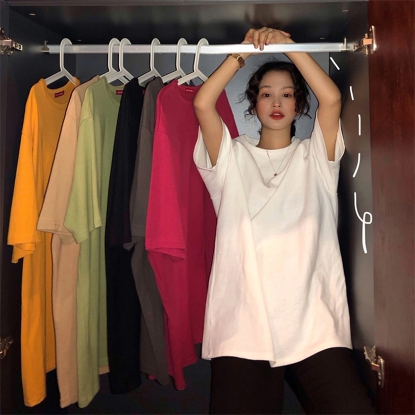 

oversized Tee Shirt 7 Solid Color Basic T-shirt Casual Harajuku Summer long white black Tops Korean Hipster White T 220322, Xian833fen