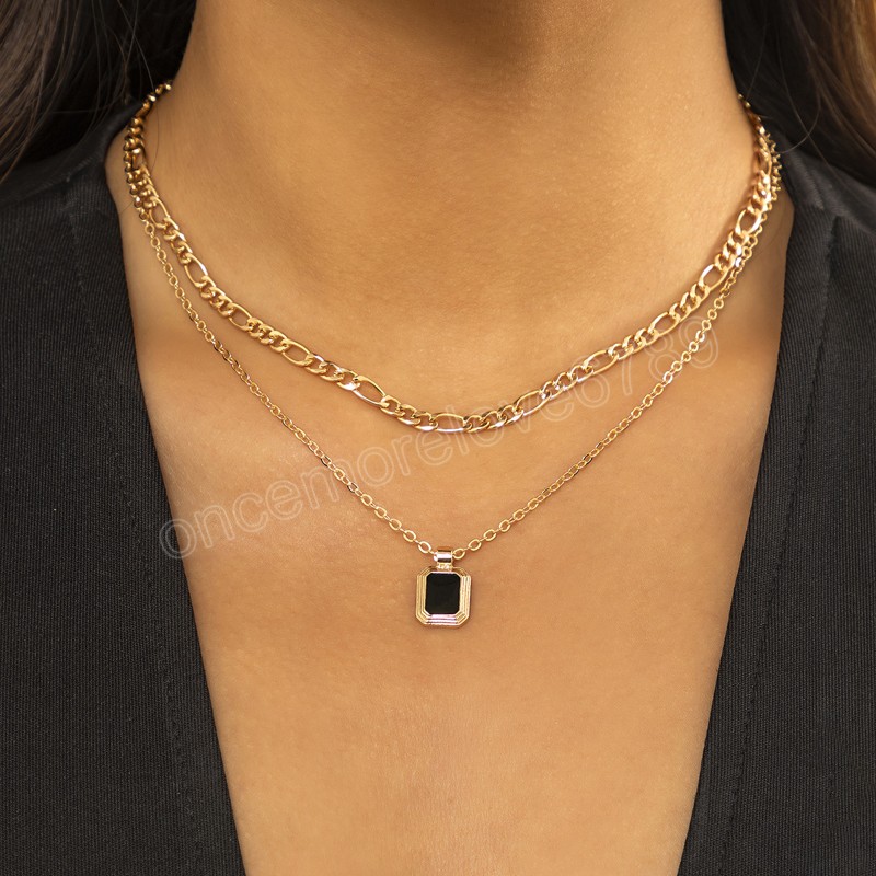 

Vintage Black Square Pendant Necklace Women's Multilayer Fashion Simple Gold Metal Clavicle Necklaces Girls Jewelry