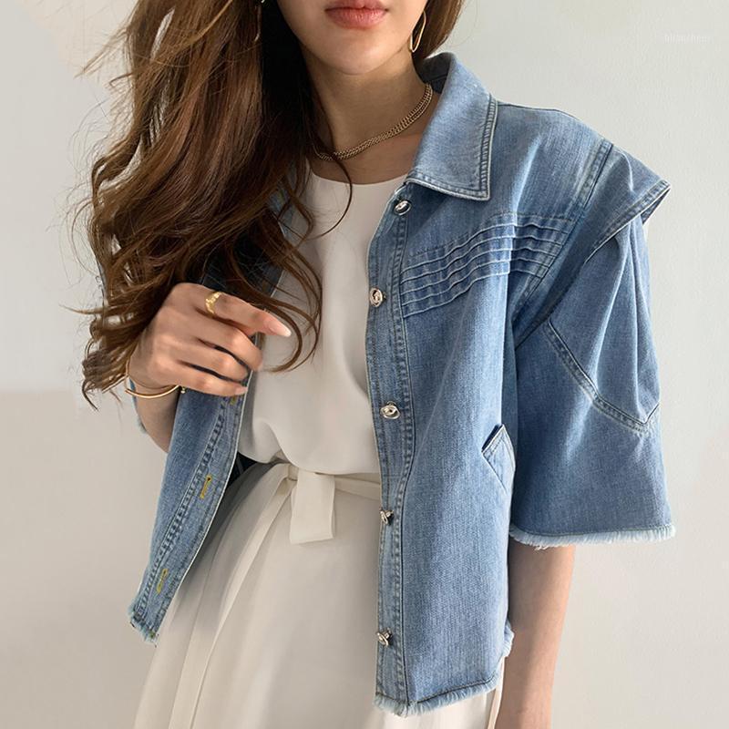 

Women's Jackets Korea Chic Summer Retro Lapel Pleated Single-Breasted Loose Tassel Fringe Washed Blue Denim Short Jacket Female