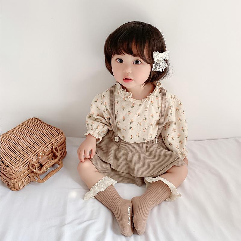 

Clothing Sets 2022 Spring Autumn Born Toddler Kids Floral Tops+Strap Jumpsuit Ruffle Wave Skirt 2-Piece Cotton Baby Girl, Ivory