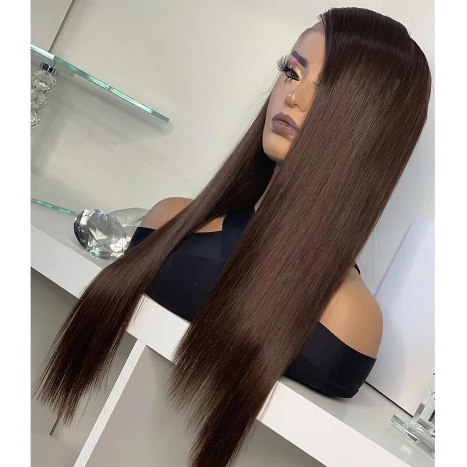 

Chocolate Brown SIlky Straight Malaysia Humans Hairs Wig for Women Laces Front 150 Density Remy Human Hair Wigs full lace 360 fron273K, As picture color