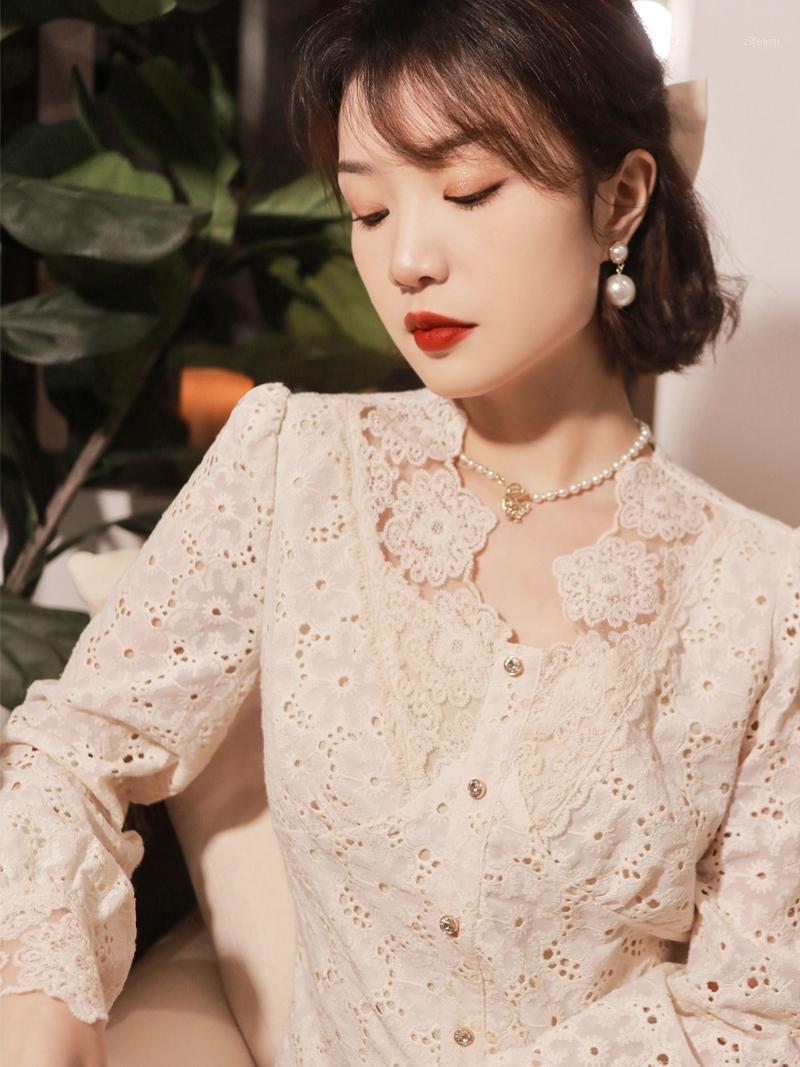 

Lace Blouse Elegant Autumn Ruffle Long Sleeve Casual Korean Fashion Clothing Top Koszula Damska Elegancka Blouses BG50BS Women's & Shirts, M beige