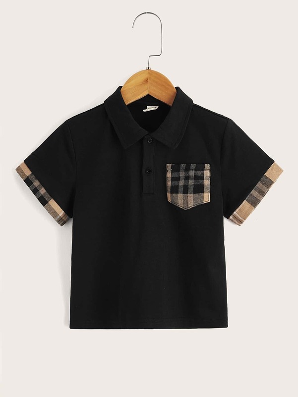 

Toddler Boys Plaid Print Patch Pocket Polo Shirt SHE03, White