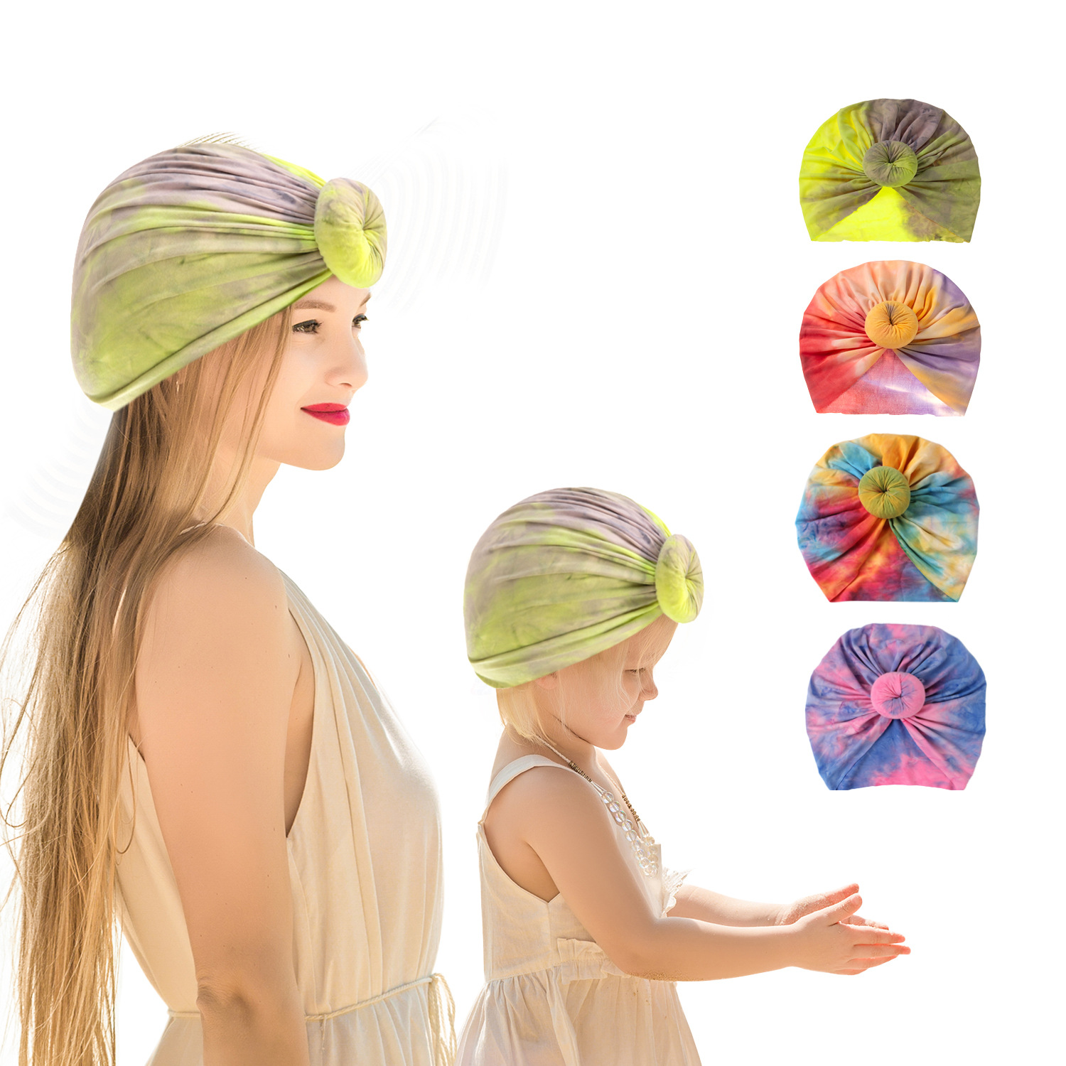 

Mummy and me Tie-dye Turban Cap India's Hat Bowknot Elasticity Headwraps Stretchy Hair Bands Mother Children Girls Fashion Hairs Accessories, As show