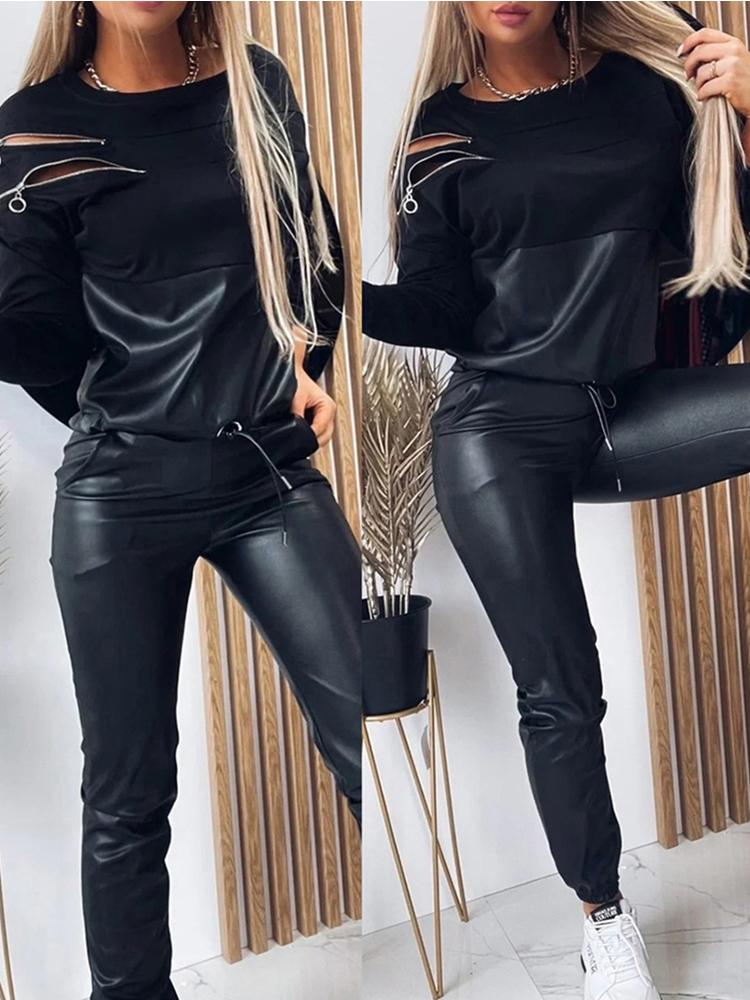 

Women' Two Piece Pants Spring Autumn Women Fashion Suit Sets Long Sleeve Zipper Design PU Leather Patch Top & Drawstring Set, Black