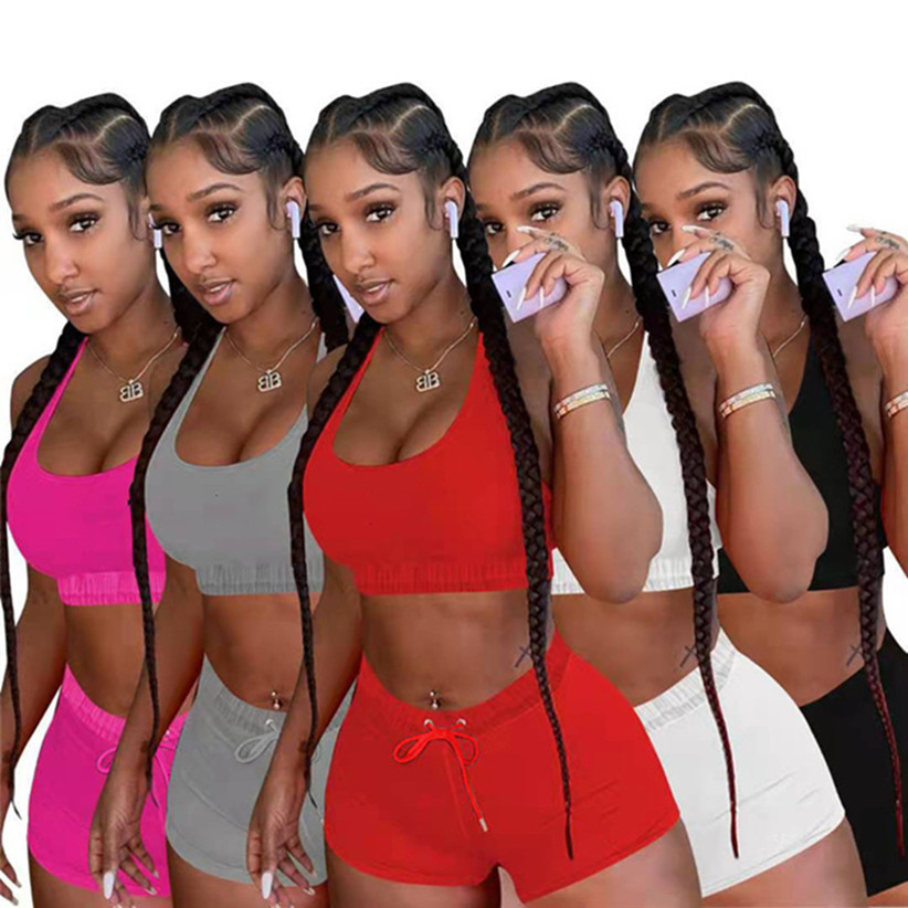 Designer Wholesale Print 2 Piece Sets Women Outfits Summer Sleeveless Crop Top Biker Shorts Matching Set Streetwear Tracksuits 7447