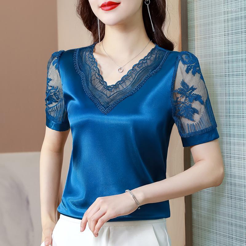 

Women's Blouses & Shirts -4XL Fashion Short-sleeve Casual Shirt Elegant Women Summer Tops Stitching Satin Lace BlouseWomen's Chee22, Blue