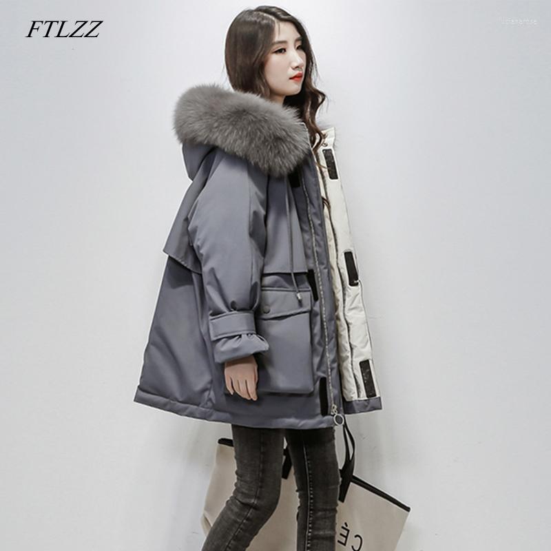 

Women' Down & Parkas FTLZZ 2022 Winter Women Real Natural Fur Hooded Loose Coat Parka Female Thick Warm White Duck Oversize Jacket Luci22, Beige