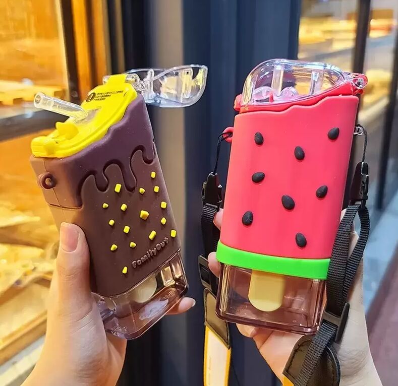 

Summer Cute Donut Ice Cream Water Bottle With Straw Favor Creative Square Watermelon Cup Portable Leakproof, 2#