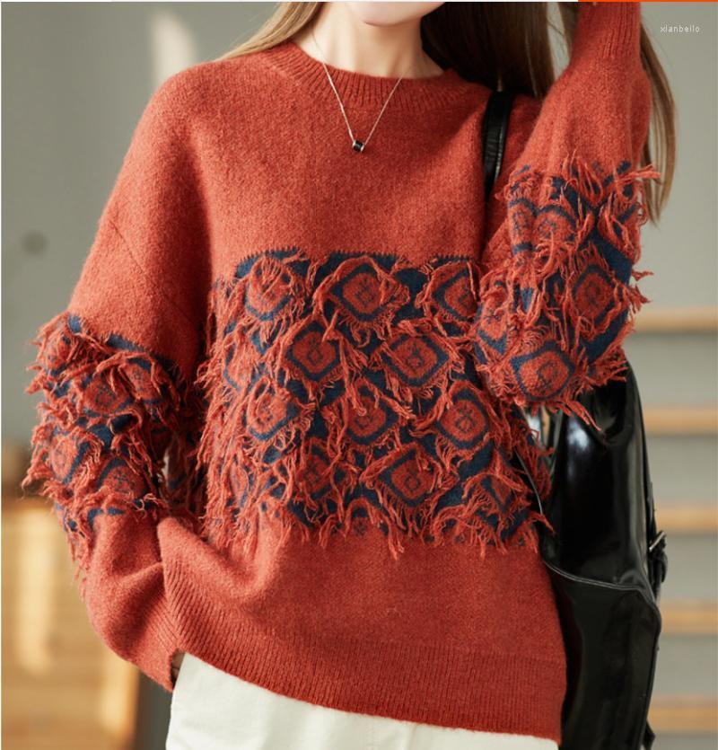 

Women's Sweaters Women Fashion Tassel Jacquard Sweater 2022 Autumn Winter Retro Knit Loose Tops Ladies O-Neck Casual All-match Jumpers Pullo, Green