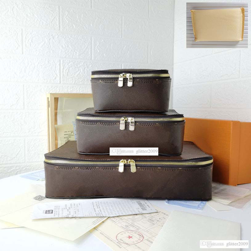 

43690 Brown flower Storage box Genuine Leather Travel Jewelry boxs New set designers Travel Storage box Luggage Fashion Trunk boxs Suitcases Bags cosmetic bag boxs