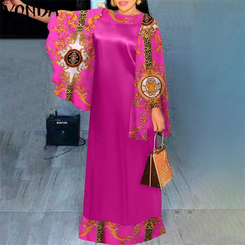 Vintage Patchwork Dress VONDA Women Flare Sleeve Vintage Printed Maxi Dress Loose Elegant Sundress Lady Vestidos Femme Robe 220527