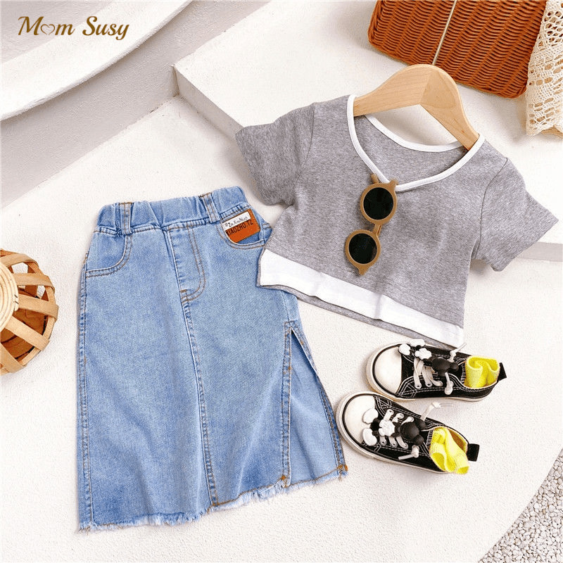 

Fashion Baby Girl Clothes Set Crop Top TshirtJean Skirt 2PCS Infant Toddler Child Cotton Tshirt Suit Summer Baby Clothes 17Y 220614, White