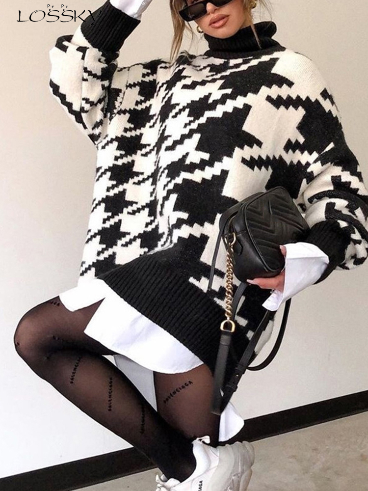 Long Sweater Dress Autumn Winter Fashion Houndstooth Black Turtleneck Long Sleeve Knit Pullover Tops Clothes For Women Fall 220815
