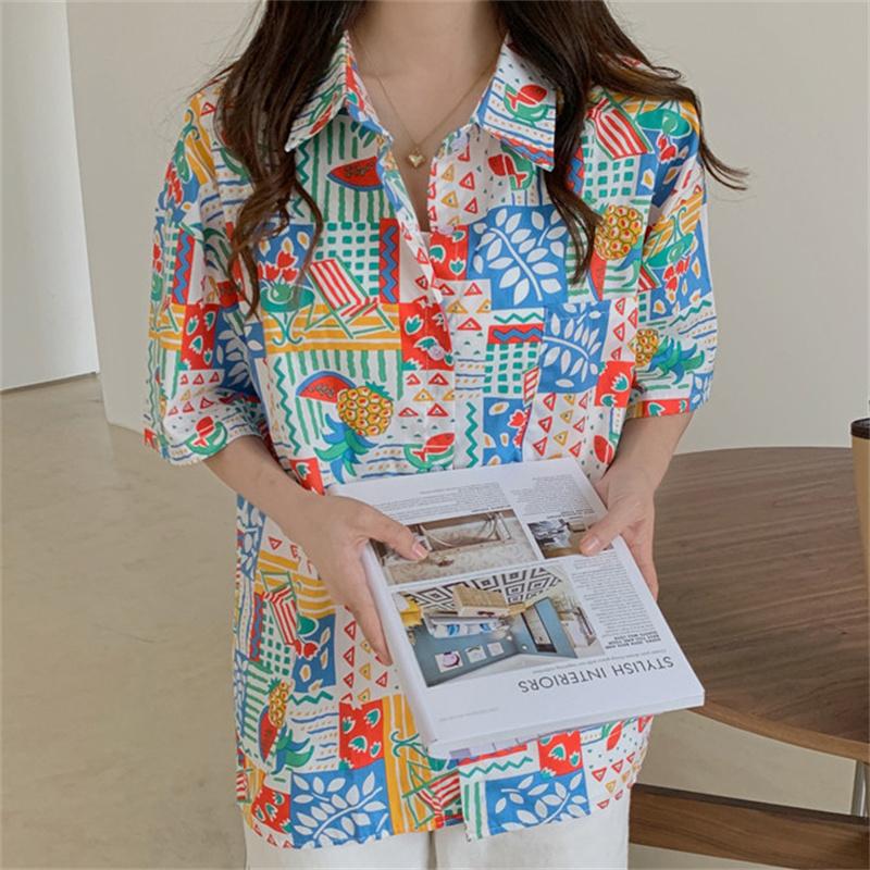 

Women's Blouses & Shirts HziriP Printed Holiday Hand Painted Femme Vintage 2022 Lapel Lady OL Retro Stylish Brief Summer All Match Long Slee, Photo color