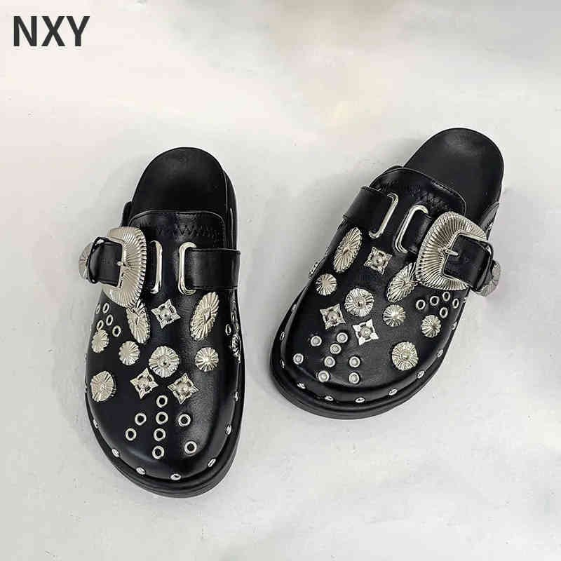 

Sandals Summer Sandal Women Slippers Platform Rivets Punk Rock Leather Mules Creative Metal Fittings Casual Party Shoes Female Outdoor 220623, Black