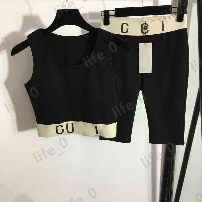 Sexy Yoga Track Fitness Deux Pièces Ensemble Lettre Imprimé Ceinture Gilet Stretch Slim Cinq Leggings Shorts D'été Femmes Designer Survêtement