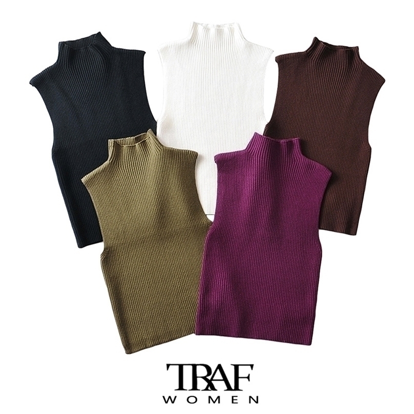

TRAF Women Fashion Fitted Basic Ribbed Knit Tank Tops Vintage High Neck Sleeveless Female Camis Chic Vest Top Mujer 220318, As picture