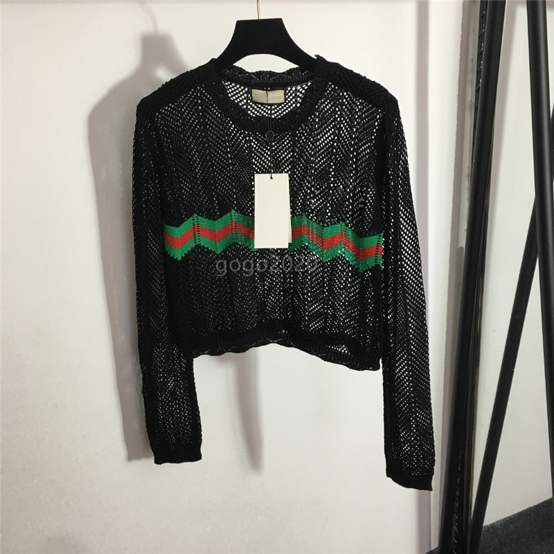 

2022 women' hollow out sweaters knits designer tops with letters pattern girls milan runway designer tank crop top shirt high end long sleeve stretch pullover, Black