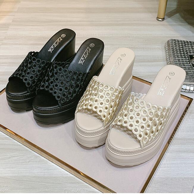 

Beige Leather Women Wedges Platform Slippers Woman Fashion Mules Slippers Chic Design Sandals Da34, Black