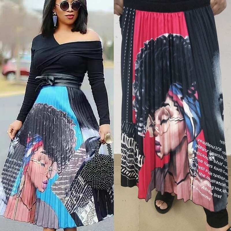

Women Fashion Cartoon Explosion Head Beauty Print Pleated Skirt High Waist Personality Maxi Elastic Waist Casual Aline Skirt Y200326