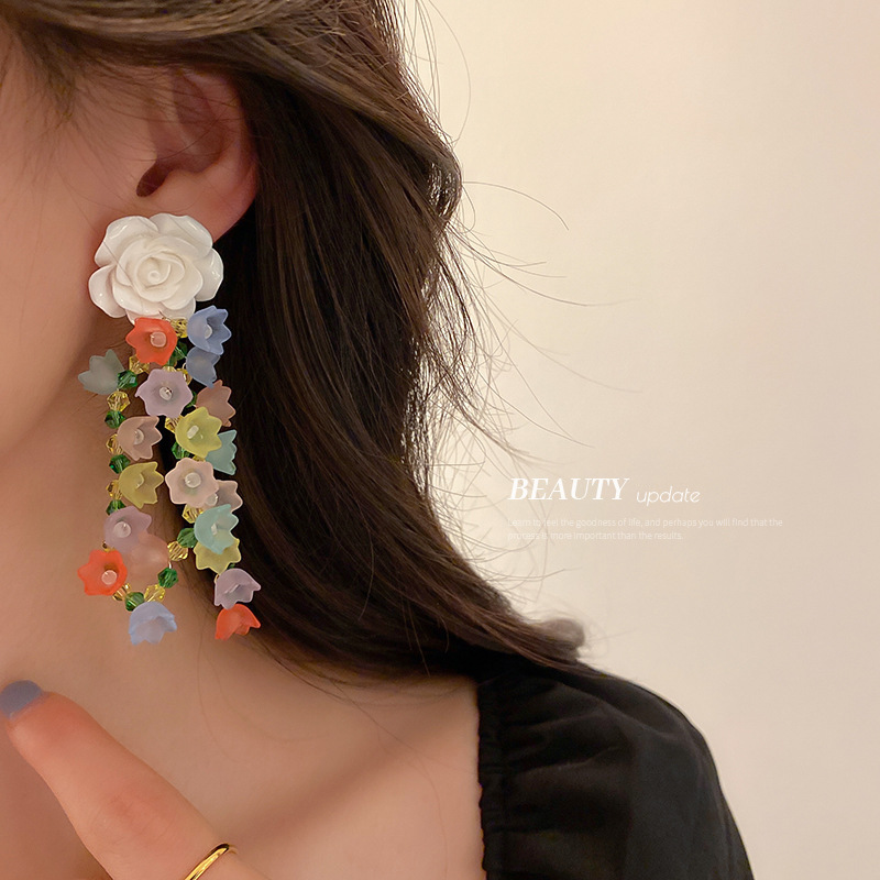 Silver Needle Colorful Flowers Crystal Tassel Earrings Ins Mori Style Fresh Super Fairy Earrings Long Elegant eardrop Female-image-765582279