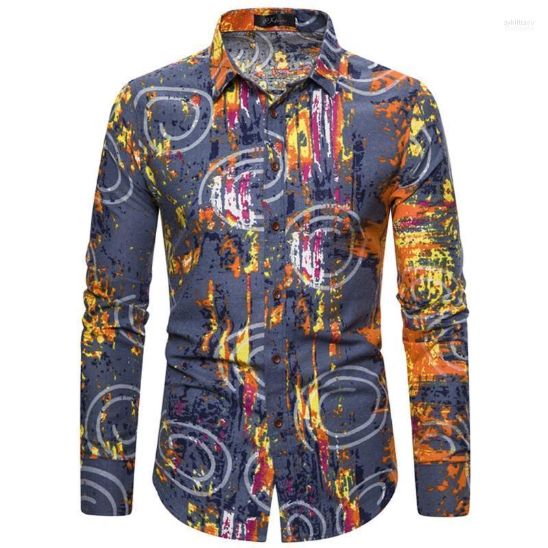 

Men's Dress Shirts KANCOOLD Shirt Single Breasted Cotton Splicing Printed Business Leisure Retro Long-sleeved Top Blouse Nov81 Sybi22, Blue