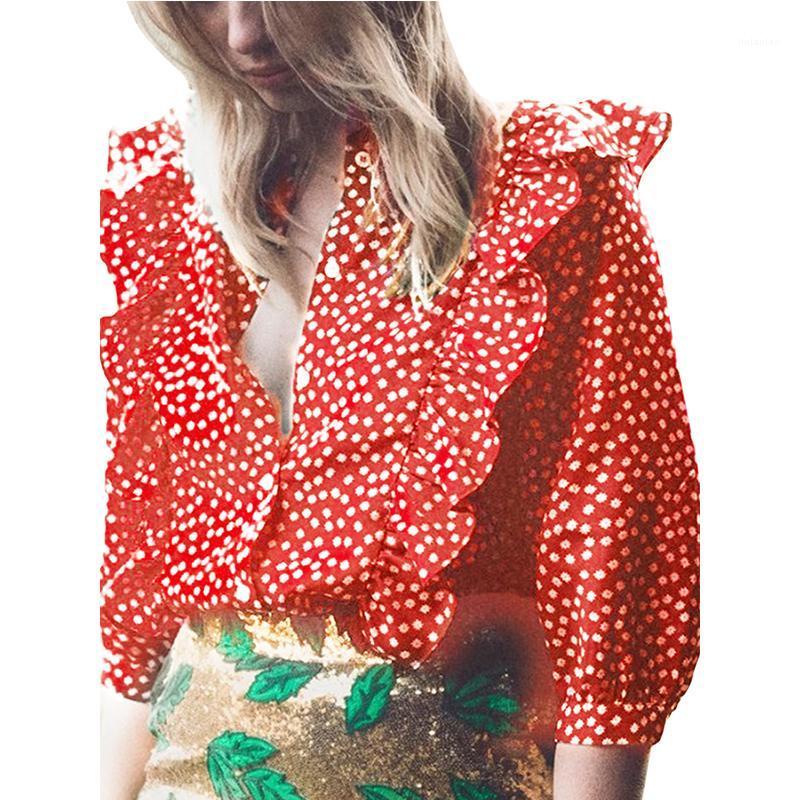 

Women' Blouses & Shirts Women Polka Dot Printed Shirt Top Woman Elegant Female Summer Retro Floral 3/4 Sleeve Ladies Blouse Streetwear