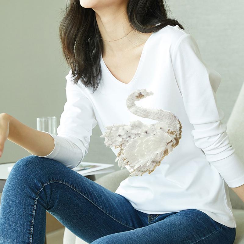 

Women' T-Shirt 2022 Stretch Summer Women T Shirts Ms Solid Color Long Sleeve Tshirt Womens Fashion Swan Embroidered Cotton Shirt, Black swan