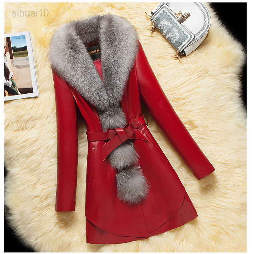 

2021 Winter New Women Leather Long Coat Faux Fur Collar Females Furry Warm Loose Coat Ladies Belt Slim Overcoat L220725, Red